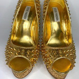 Steve Madden Glitter Gold Studded Peep Toe Platform High Heels Size 7.5